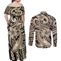 Polynesian Shark Tribal Tattoo Couples Matching Off Shoulder Maxi Dress and Long Sleeve Button Shirt Beige Style LT9 - Polynesian Pride