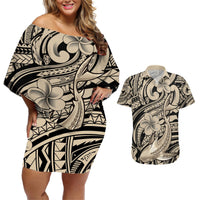 Polynesian Shark Tribal Tattoo Couples Matching Off Shoulder Short Dress and Hawaiian Shirt Beige Style LT9 Beige - Polynesian Pride
