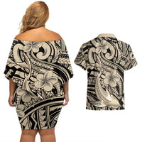 Polynesian Shark Tribal Tattoo Couples Matching Off Shoulder Short Dress and Hawaiian Shirt Beige Style LT9 - Polynesian Pride