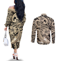 Polynesian Shark Tribal Tattoo Couples Matching Off The Shoulder Long Sleeve Dress and Long Sleeve Button Shirt Beige Style