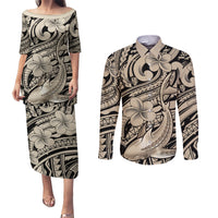 Polynesian Shark Tribal Tattoo Couples Matching Puletasi and Long Sleeve Button Shirt Beige Style LT9 Beige - Polynesian Pride
