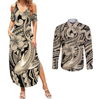 Polynesian Shark Tribal Tattoo Couples Matching Summer Maxi Dress and Long Sleeve Button Shirt Beige Style LT9 Beige - Polynesian Pride