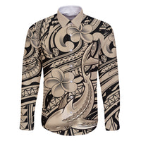 Polynesian Shark Tribal Tattoo Family Matching Off Shoulder Short Dress and Hawaiian Shirt Beige Style