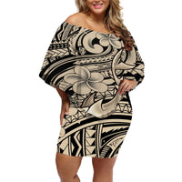 Polynesian Shark Tribal Tattoo Off Shoulder Short Dress Beige Style LT9 Women Beige - Polynesian Pride
