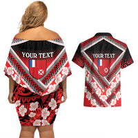 Personalised Wallis et Futuna Couples Matching Off Shoulder Short Dress and Hawaiian Shirt Hibiscus and Polynesian Tribal Tattoos LT9 - Polynesian Pride