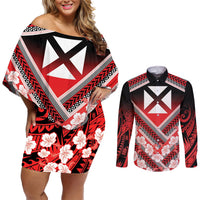 Personalised Wallis et Futuna Couples Matching Off Shoulder Short Dress and Long Sleeve Button Shirt Hibiscus and Polynesian Tribal Tattoos
