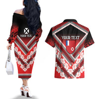Personalised Wallis et Futuna Couples Matching Off The Shoulder Long Sleeve Dress and Hawaiian Shirt Hibiscus and Polynesian Tribal Tattoos