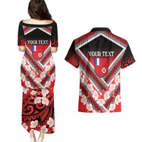 Personalised Wallis et Futuna Couples Matching Puletasi and Hawaiian Shirt Hibiscus and Polynesian Tribal Tattoos