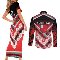 Personalised Wallis et Futuna Couples Matching Short Sleeve Bodycon Dress and Long Sleeve Button Shirt Hibiscus and Polynesian Tribal Tattoos