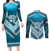 Custom Fiji Rugby Couples Matching Long Sleeve Bodycon Dress and Long Sleeve Button Shirt Fijian Warrior With Polynesian Tribal Tattoos