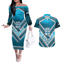 Custom Fiji Rugby Couples Matching Off The Shoulder Long Sleeve Dress and Hawaiian Shirt Fijian Warrior With Polynesian Tribal Tattoos