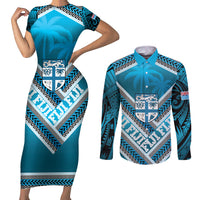 Custom Fiji Rugby Couples Matching Short Sleeve Bodycon Dress and Long Sleeve Button Shirt Fijian Warrior With Polynesian Tribal Tattoos