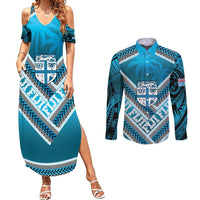 Custom Fiji Rugby Couples Matching Summer Maxi Dress and Long Sleeve Button Shirt Fijian Warrior With Polynesian Tribal Tattoos LT9 Blue - Polynesian Pride