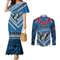 Custom Manuma Samoa Rugby Couples Matching Mermaid Dress and Long Sleeve Button Shirt Ula fala Samoan Siva Tau Tribal LT9 Blue - Polynesian Pride