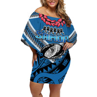 Custom Manuma Samoa Rugby Off Shoulder Short Dress Ula fala Samoan Siva Tau Tribal LT9 Women Blue - Polynesian Pride