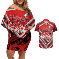 Custom Tonga Rugby Couples Matching Off Shoulder Short Dress and Hawaiian Shirt Tonga Sipi Tau Ngatu Tribal Pattern LT9 Red - Polynesian Pride