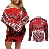 Custom Tonga Rugby Couples Matching Off Shoulder Short Dress and Long Sleeve Button Shirt Tonga Sipi Tau Ngatu Tribal Pattern LT9 Red - Polynesian Pride