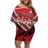 Custom Tonga Rugby Off Shoulder Short Dress Tonga Sipi Tau Ngatu Tribal Pattern LT9 Women Red - Polynesian Pride