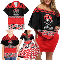 New Zealand Rugby Pacific Custom Family Matching Off Shoulder Short Dress and Hawaiian Shirt Whatumoana Maori Kowhaiwhai Pattern