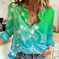 Polynesian Pride Plumeria Flowers Women Casual Shirt Polynesian Tribal Gradient Green LT9 Female Green - Polynesian Pride