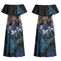 Samoa Siva Afi Couples Matching Off Shoulder Maxi Dress and Hawaiian Shirt Fireknife Fire Dance Pacific Tribal Motif