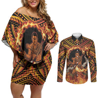 Samoa Siva Afi Dance Fireknife Couples Matching Off Shoulder Short Dress and Long Sleeve Button Shirt Samoan Tribal Motif Dancing in the Fire