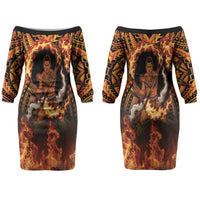 Samoa Siva Afi Dance Fireknife Couples Matching Off The Shoulder Long Sleeve Dress and Long Sleeve Button Shirt Samoan Tribal Motif Dancing in the Fire