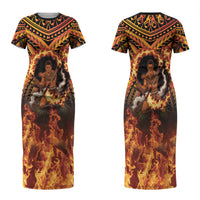 Samoa Siva Afi Dance Fireknife Couples Matching Short Sleeve Bodycon Dress and Long Sleeve Button Shirt Samoan Tribal Motif Dancing in the Fire
