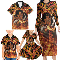 Samoa Siva Afi Dance Fireknife Family Matching Long Sleeve Bodycon Dress and Hawaiian Shirt Samoan Tribal Motif Dancing in the Fire