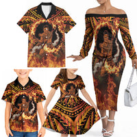 Samoa Siva Afi Dance Fireknife Family Matching Off The Shoulder Long Sleeve Dress and Hawaiian Shirt Samoan Tribal Motif Dancing in the Fire