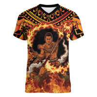 Samoa Siva Afi Dance Fireknife Women V-Neck T-Shirt Samoan Tribal Motif Dancing in the Fire
