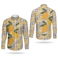 Maku'e Hawaiian Mango Palaka Couples Matching Mermaid Dress and Long Sleeve Button Shirt Aloha Hibiscus Pikake Lei
