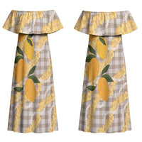 Maku'e Hawaiian Mango Palaka Couples Matching Off Shoulder Maxi Dress and Long Sleeve Button Shirt Aloha Hibiscus Pikake Lei