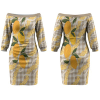 Maku'e Hawaiian Mango Palaka Couples Matching Off The Shoulder Long Sleeve Dress and Long Sleeve Button Shirt Aloha Hibiscus Pikake Lei