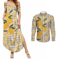 Maku'e Hawaiian Mango Palaka Couples Matching Summer Maxi Dress and Long Sleeve Button Shirt Aloha Hibiscus Pikake Lei