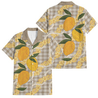 Maku'e Hawaiian Mango Palaka Family Matching Off Shoulder Maxi Dress and Hawaiian Shirt Aloha Hibiscus Pikake Lei
