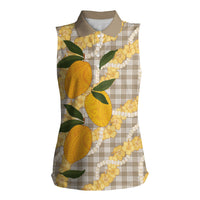 Maku'e Hawaiian Mango Palaka Women Sleeveless Polo Shirt Aloha Hibiscus Pikake Lei