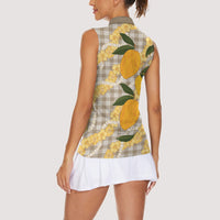 Maku'e Hawaiian Mango Palaka Women Sleeveless Polo Shirt Aloha Hibiscus Pikake Lei