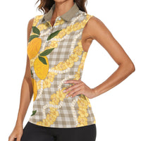 Maku'e Hawaiian Mango Palaka Women Sleeveless Polo Shirt Aloha Hibiscus Pikake Lei