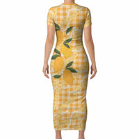 Alani Hawaiian Mango Palaka Short Sleeve Bodycon Dress Aloha Hibiscus Pikake Lei
