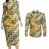 Uliuli Ahiahia Hawaiian Mango Palaka Couples Matching Long Sleeve Bodycon Dress and Long Sleeve Button Shirt Aloha Hibiscus Pikake Lei
