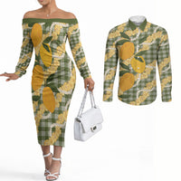 Uliuli Ahiahia Hawaiian Mango Palaka Couples Matching Off The Shoulder Long Sleeve Dress and Long Sleeve Button Shirt Aloha Hibiscus Pikake Lei