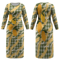Uliuli Ahiahia Hawaiian Mango Palaka Family Matching Long Sleeve Bodycon Dress and Hawaiian Shirt Aloha Hibiscus Pikake Lei
