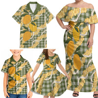 Uliuli Ahiahia Hawaiian Mango Palaka Family Matching Off Shoulder Maxi Dress and Hawaiian Shirt Aloha Hibiscus Pikake Lei
