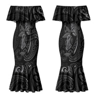 Hawaiian Mango Tribal Tattoo Couples Matching Mermaid Dress and Hawaiian Shirt Black White Pacific Traditional Pattern