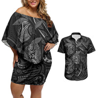 Hawaiian Mango Tribal Tattoo Couples Matching Off Shoulder Short Dress and Hawaiian Shirt Black White Pacific Traditional Pattern