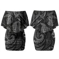 Hawaiian Mango Tribal Tattoo Family Matching Off Shoulder Short Dress and Hawaiian Shirt Black White Pacific Traditional Pattern