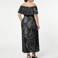 Hawaiian Mango Tribal Tattoo Off Shoulder Maxi Dress Black White Pacific Traditional Pattern
