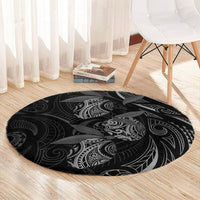 Hawaiian Mango Tribal Tattoo Round Carpet Black White Pacific Traditional Pattern