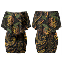 Hawaiian Mango Tribal Tattoo Family Matching Off Shoulder Short Dress and Hawaiian Shirt Gold Pacific Traditional Pattern